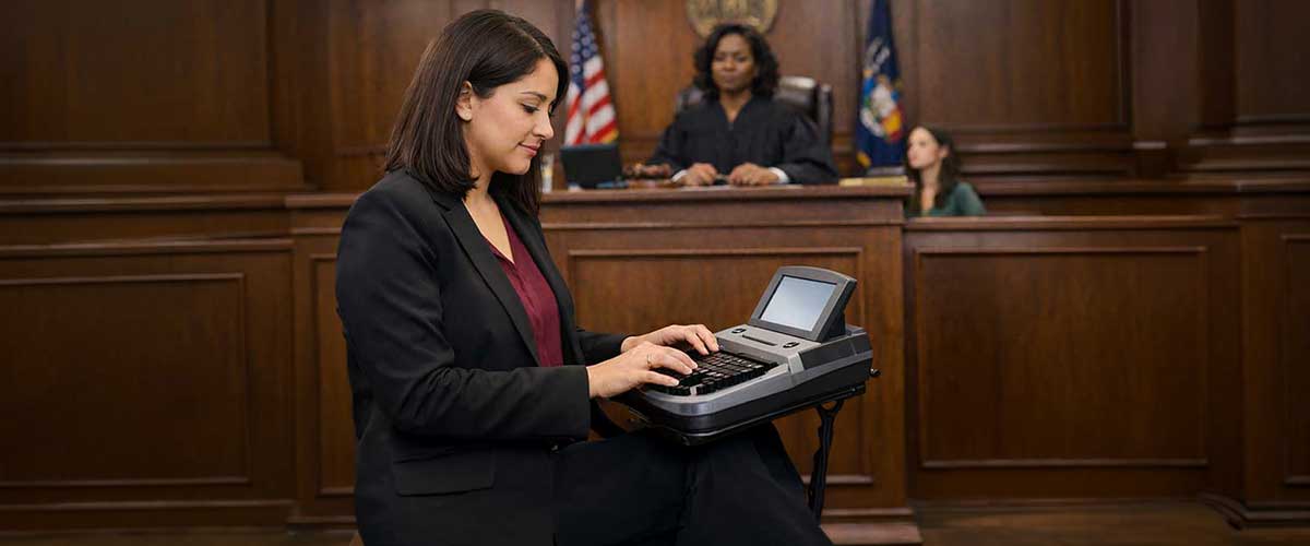 A court reporter types on a stenotype machine in a courtroom, with a judge seated at the bench and another person sitting nearby in the background. American flags are visible behind the judge.
