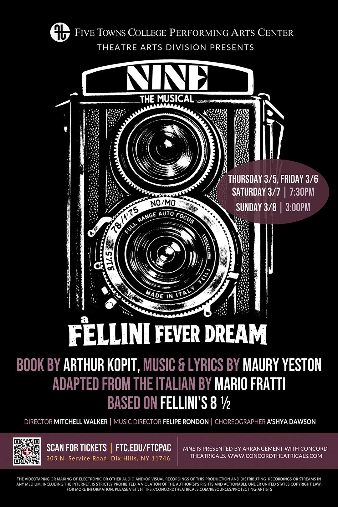 Poster for "Nine: The Musical" at Five Towns College Performing Arts Center, featuring a vintage camera and event details for performances on March 5-7.