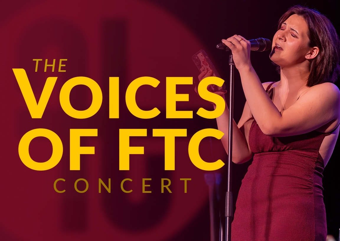 A person in a red dress sings into a microphone on stage at the performing arts center, next to large yellow text reading The Voices of FTC Concert against a dark background.