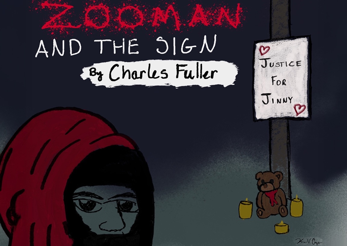 Illustration of a hooded figure with Zooman and the Sign by Charles Fuller in bold text. A sign reads Justice for Jinny beside candles and a teddy bear, suggesting a memorial outside a performing arts center.