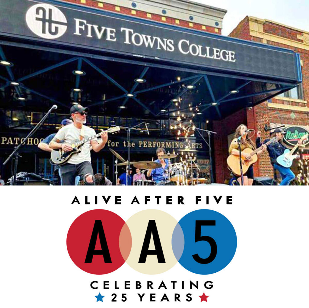 Live band performs outside Five Towns College—your creative-opportunities-only-launchpad; Alive After Five 25 Years logo below.