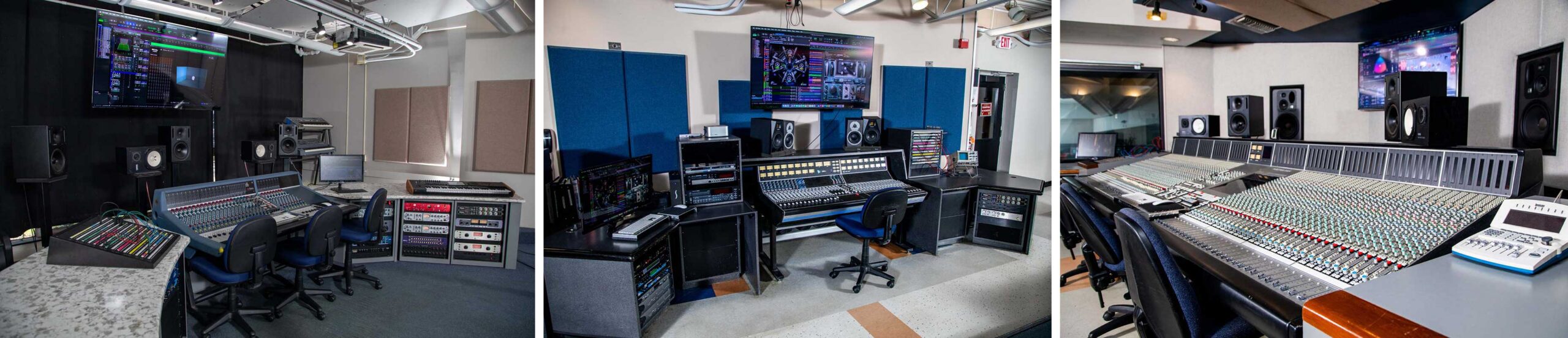 Three professional audio recording studios, each featuring large mixing consoles, multiple monitors, speakers, and computer screens displaying audio software, with chairs and various studio equipment visible.
