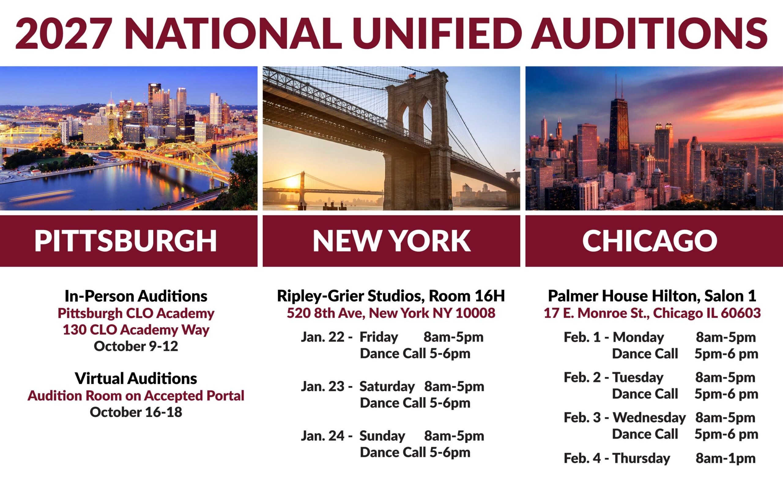 Skyline images for Pittsburgh, New York, and Chicago above details for 2027 National Unified Auditions dates and locations.
