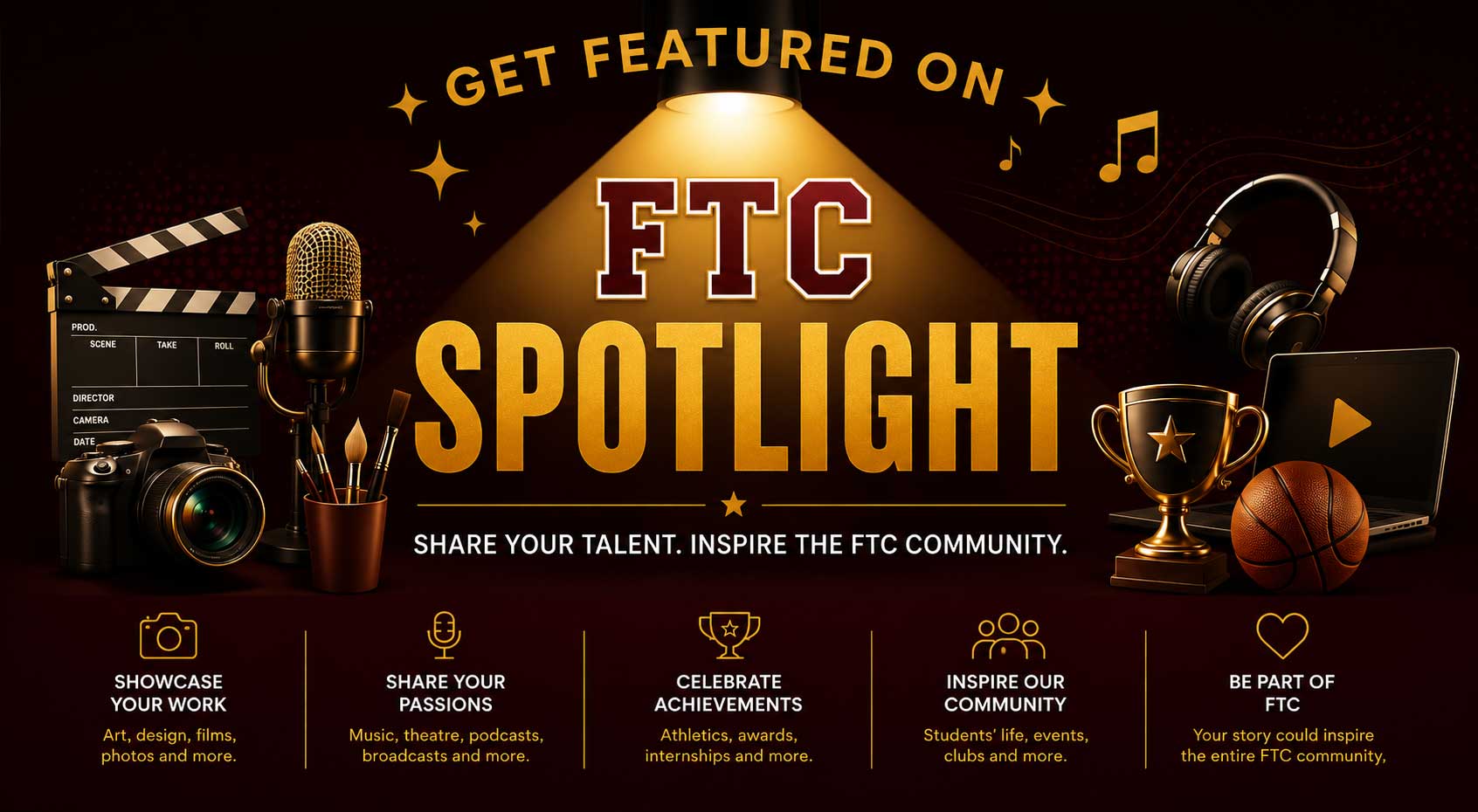 FTC Spotlight promo with icons for art, music, achievements, community, and trophy, plus text to inspire participation.