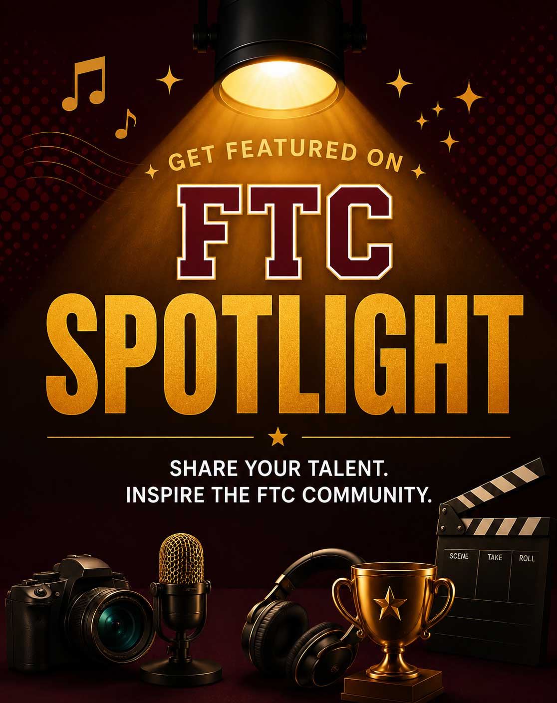 Gold text reads FTC Spotlight beside camera, microphone, trophy, and clapboard under a spotlight.