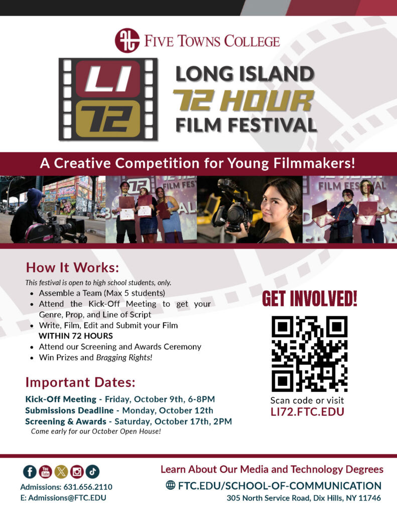 Five Towns College Long Island film-festivals 72 Hour Film Festival poster with event details, prizes, and contact info.