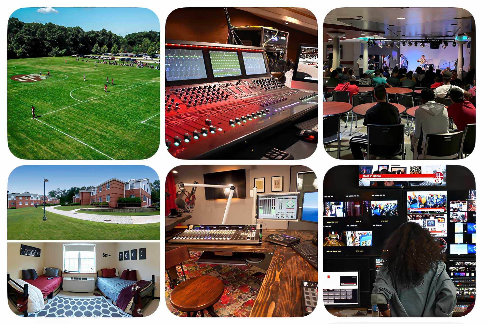 Collage: sports field, audio boards, live event, Open House RSVP poster, dorm room, editing studio, control desk.