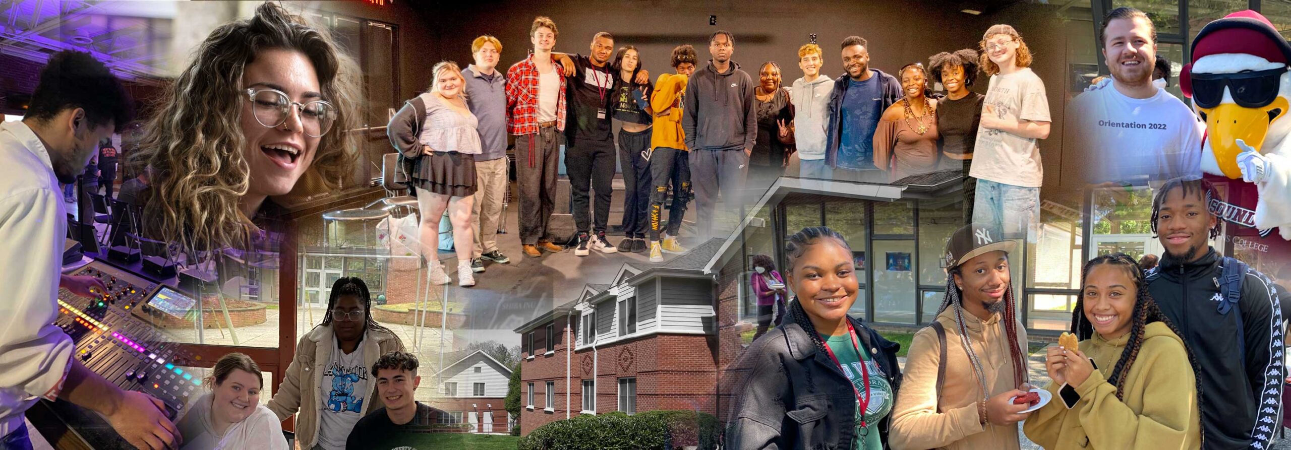 College students smiling, working, and socializing in various indoor and outdoor campus settings.