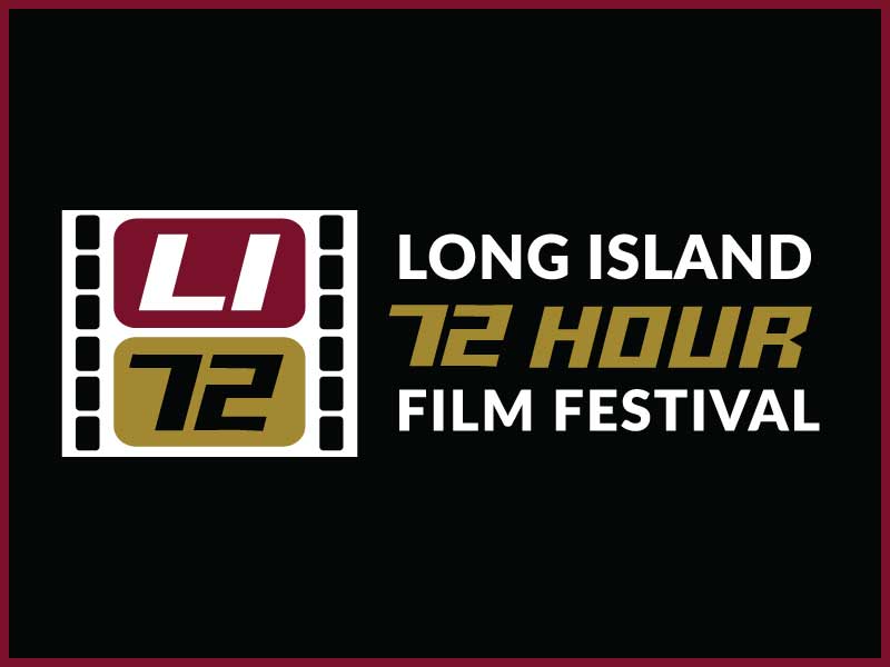 Logo for Long Island 72 Hour Film Festival with film strip, LI and 72 on black background.