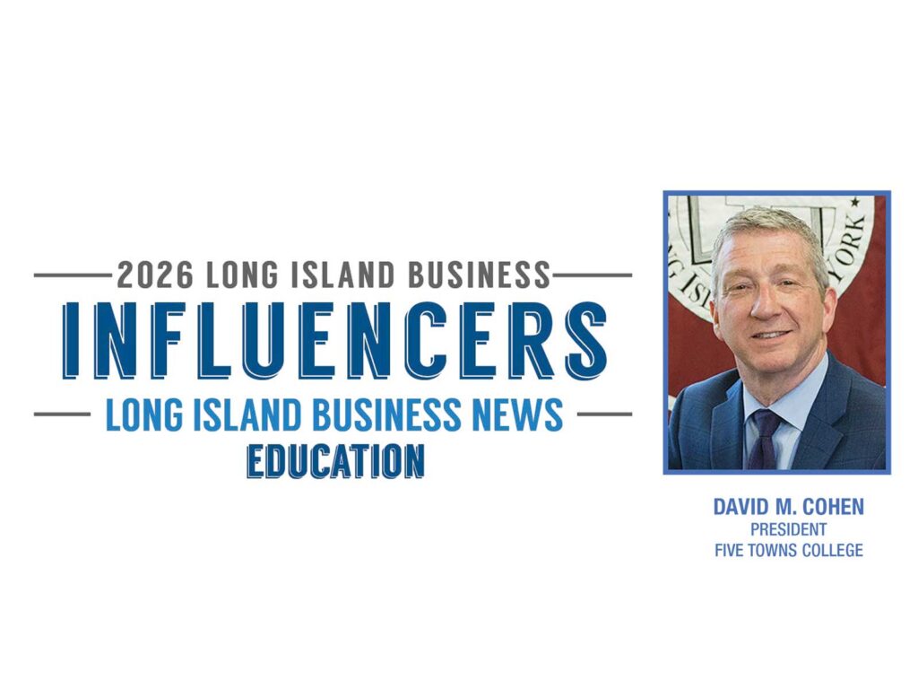2026 Long Island Business Influencers Education banner with a man in a suit smiling on the right side.