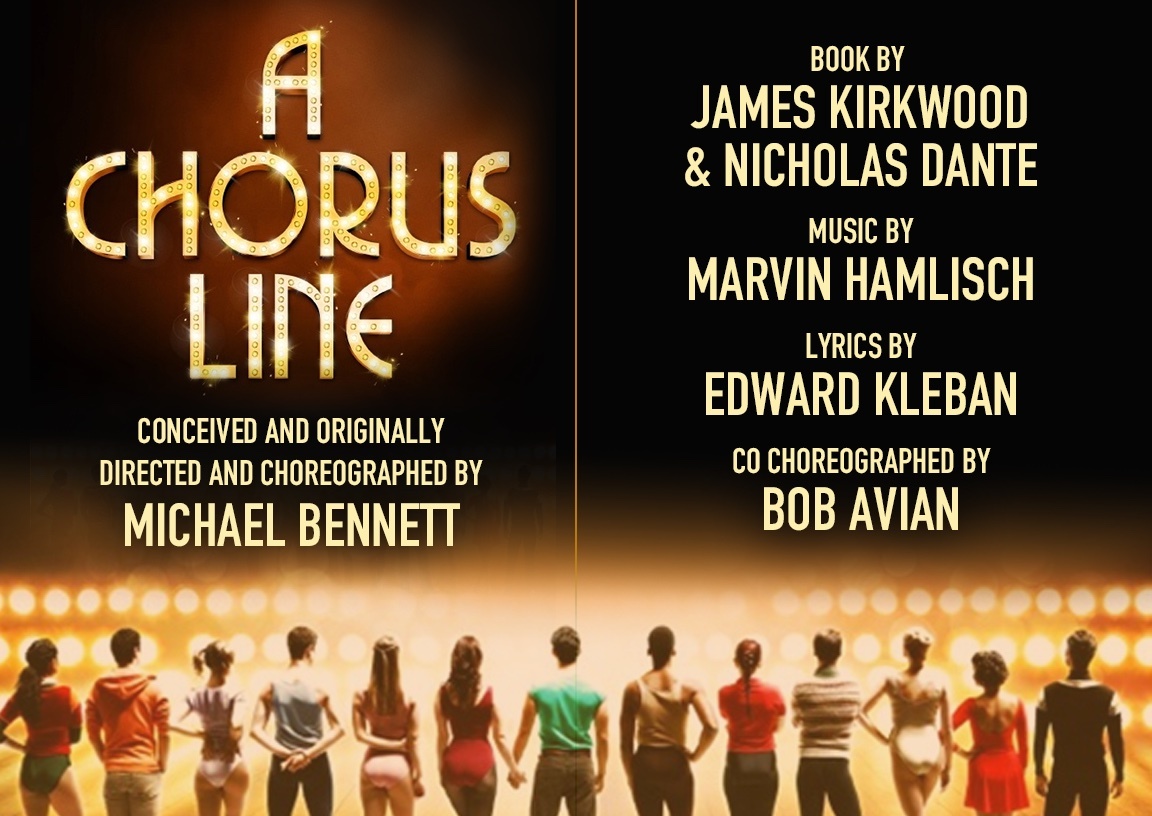 Promotional poster for the A Chorus Line spring musical, featuring the title, credits, and a row of dancers onstage.
